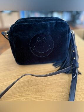 Anya Hindmarch Navy Velvet Smiley Crossbody Bag with Tassel